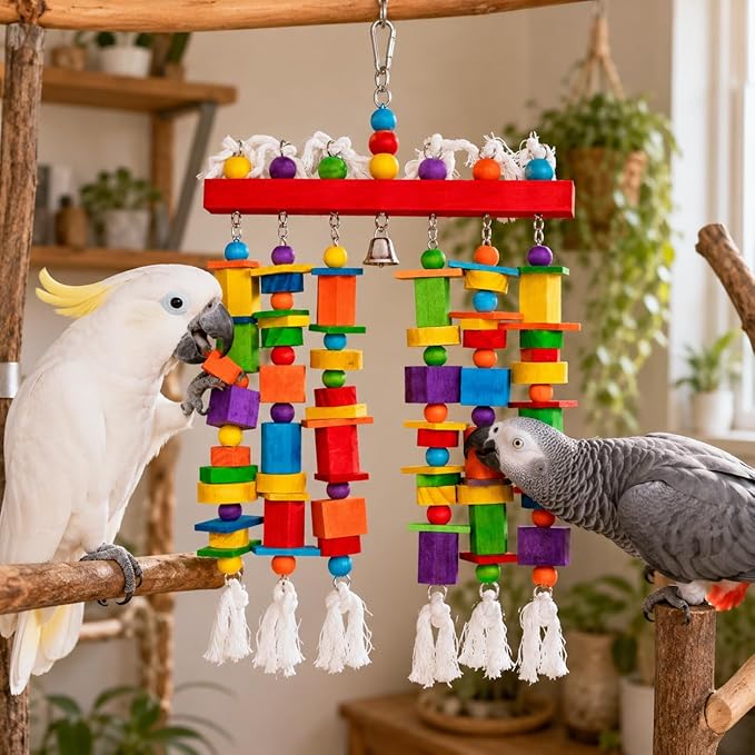 Extra Large Bird Toys for Macaws African Greys Cockatoos, 21.6" x 13" Heavy Duty Parrot Chewing Toy with Durable Stainless Steel Chain & Natural Wood Blocks, Large Bird Cage Accessories with Bell