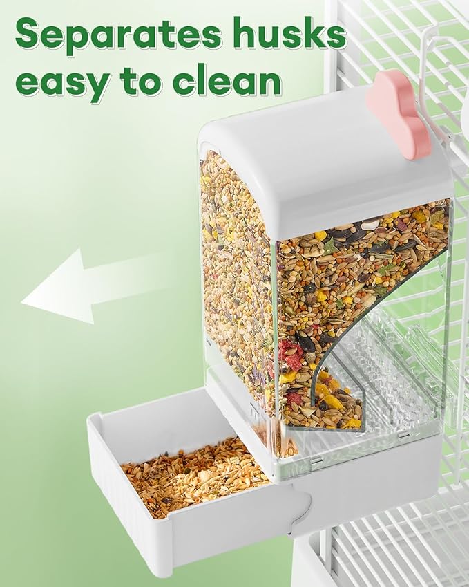 Bucatstate Automatic Bird Feeder for Cage, No Mess Self Cleaning, Large Capacity with Waste Drawer, No Installation Required, Parakeet Feeder for Parrots Budgies Cockatiels Canaries (Pink White)