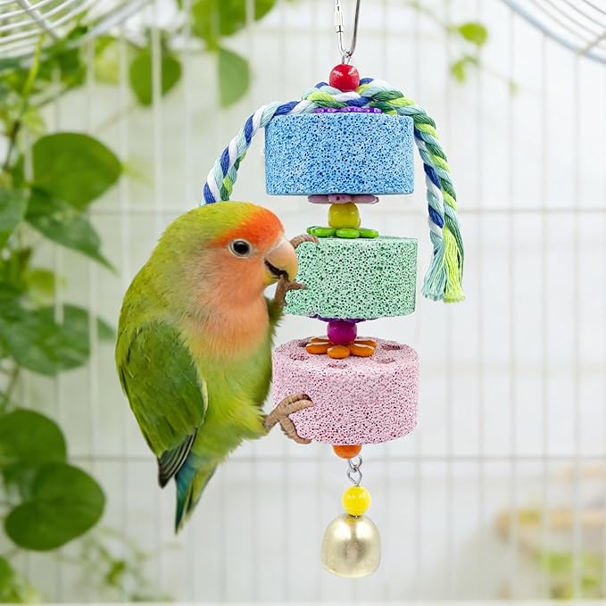 Mineral Block Chew Toys with Colorful Beads and Bell, Bird Beak Grinding Stone, Cage Accessories for African Grey, Budgies, Cockatiels, Small to Medium Birds