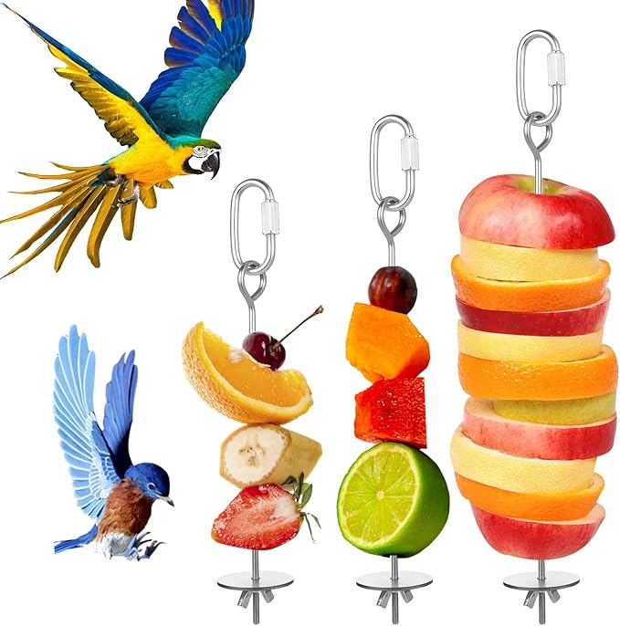 3 Pack Bird Cage Food Holder, Rat Foraging Toys, Stainless Steel Parrot Fruit & Vegetable Skewer Hanging Foraging Toy for Parakeets, Budgies, Macaws