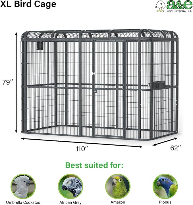 A&E Cage Co WI11062 Black Walk-in Bird Aviary - 110"x62"x79" Large Parrot Cage - Front Door on 110" Side, 3 Swing-Out Feeder Doors, Stainless Steel Bowls