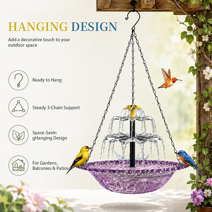 Solar Cascade Hanging Bird Bath Fountain, Large Plastic Bowl with Suspension Chain for Outside Garden, Patio & Yard Decor (Purple)