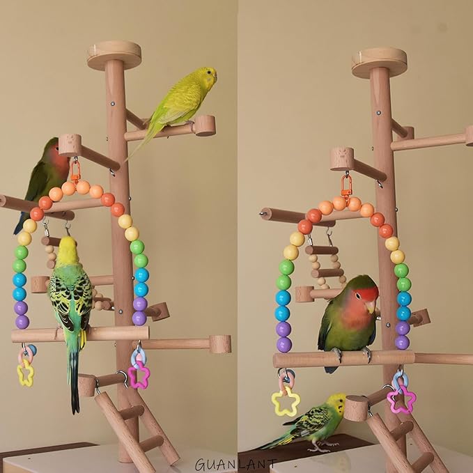 Bird Cage Swings Perch Large Parrot Hanging Toys for Cockatiels, Parakeets Birdcage Wood Stands Rainbow Beads Bell Climbing Training Toy for Lovebirds Conures Budgies Macaws Playground Accessories