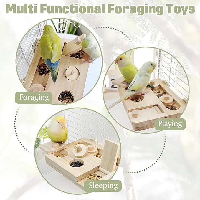 BNOSDM Wooden Bird Foraging Toys with Enrichment Puzzle for Training & Chewing Natural Wood Stand Platform Feeder Cage Accessoriesfor Small and Medium Parrots, Parakeets, Cockatiels, Sun Conures