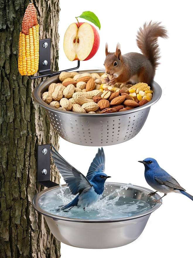 2 Pack 8.5"/1.4L Squirrel & Bird Feeder Combo - 1 Metal Food Bowl with Colander System + 1 Water/Bath/Swim Tray | Tree/Fence Mounted Perfect for Outside | Removable Easy Clean Wildlife Delight