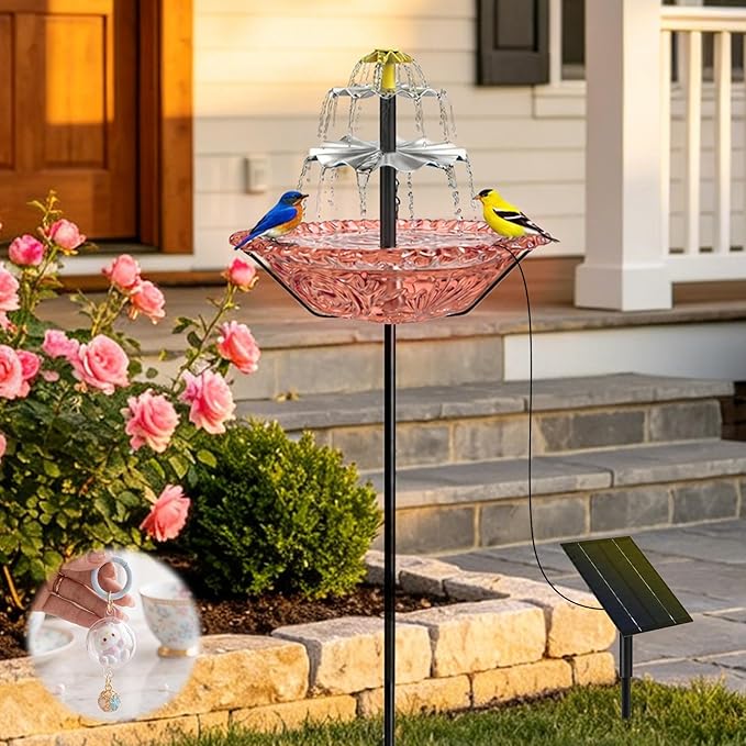 Bird Bath Fountain Solar for Outside, Outdoor Water Fountain Plastic, Attracts Birds with Cascading Spray for Yard & Patio (Pink)