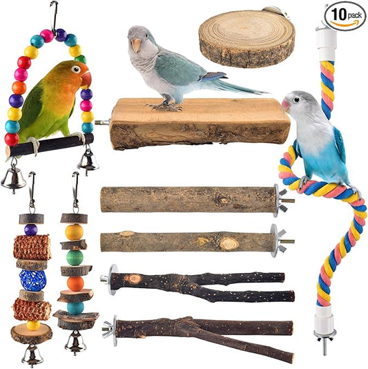 Bissap 10 PCS Bird Chew Toys, Parakeet Natural Wood Parrot Hanging Cage Toy Swing Rope Paw Fork Perch Stand Platform for Small Birds Conure Cockatiel Parrotlet Lovebird Budgie Exercise Training