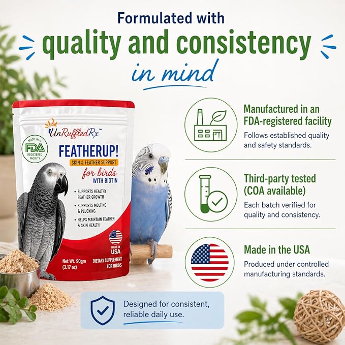 UnRuffledRx FeatherUp! Bird Molting Support & Feather Growth Supplement - for Plucking, Regrowth & Molt - Multivitamin & Amino Acids for All Birds - 90g (240 Servings)