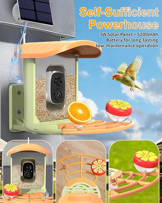 Bird Feeder with Camera, 2K HD Camera Birds Feeder with AI Bird Recognition, Solar Powered Smart Birdfeeder with App Control, Color Night Vision, Gift Box Package, Easy Install & Family Sharing