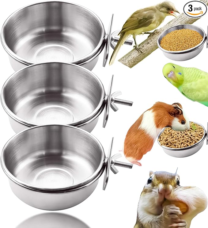 3 Pack Bird Feeding Bowls Cups Parrot Food Water Dishes, Stainless Steel Bird Bowl Cup Dish with Clamp, Birdcage Feeder Pet Cage Bowls for Cockatiel Budgie Conure Macaw Parakeet Small Animal