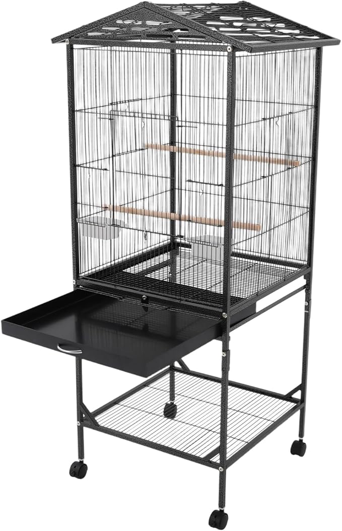 Extra Large Bird Cage 54Inch Wrought Iron Bird Cage with Rolling Stand Metal Parrot Cage with Open Play Top Perch Stand for Conures Lovebirds Cockatiels Finches (Black)