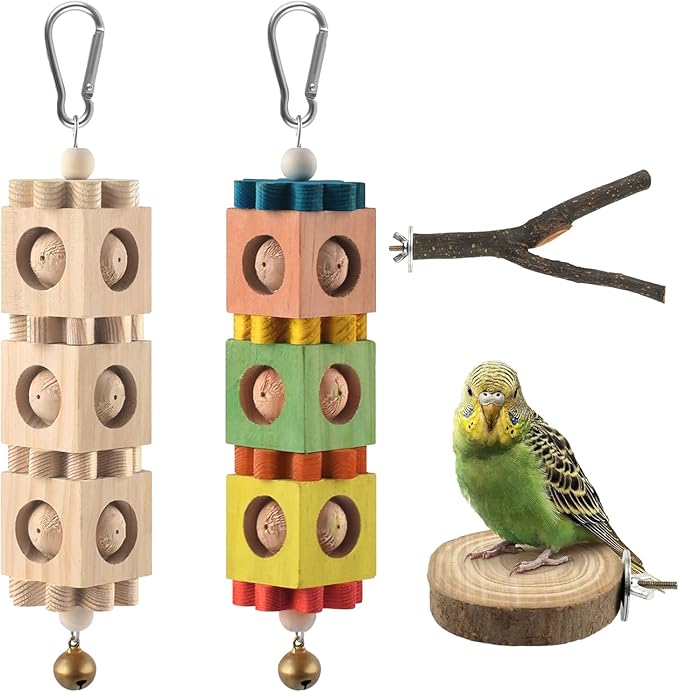 4PCS Parakeet Toys Bird Perch Set with Forked Perches & Round Log Platform, Bird Toys for Parakeets Hanging Rotating Wood Block with Bell Parrot Perch for Cockatiel, Conure, Caique