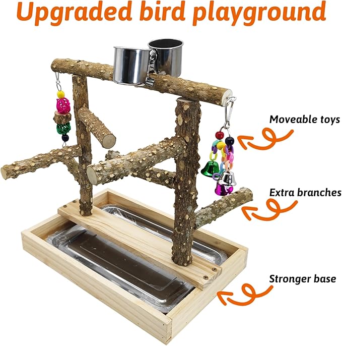 BNOSDM Natural Wood Bird Playground for Training & Playing, Parrot Perch Stand Jungle Gym with Detachable Tray & Stainless Feeder Cups Parakeet Cage Playstand for Budgie, Cockatiel, African Grey