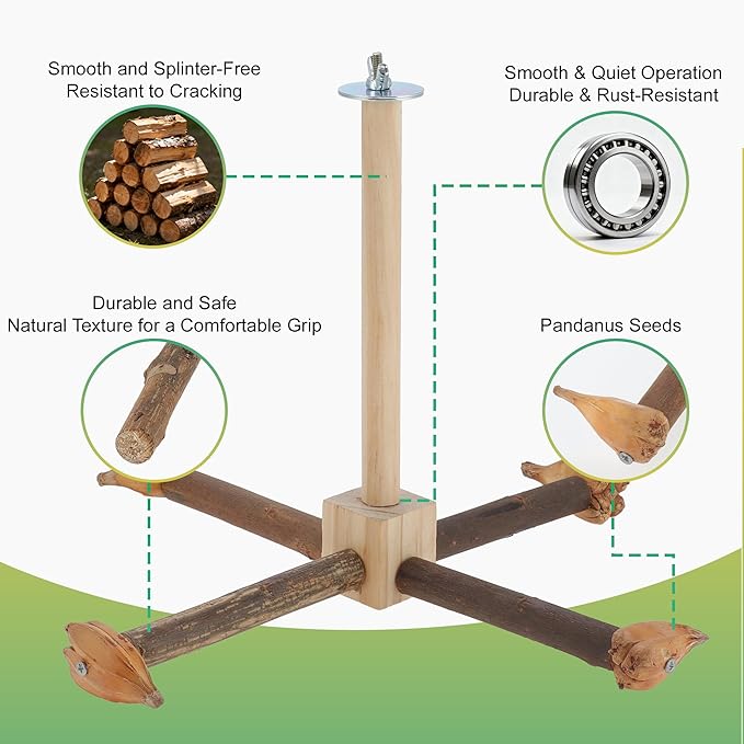 Rotating Bird Perches, Natural Wooden Perch with Chew Toy, Bird Toys for Small & Medium Birds, Medium, Natural Wood Color, 1 Set
