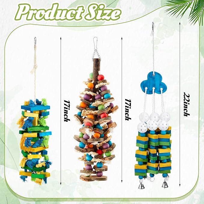 Seenelling 3 Pcs Extra Large Bird Parrot Toy Multicolored Natural Wooden Parrot Cage Chewing Toys for Large Medium Macaws Cockatoos African Grey Birds (Blue Block)