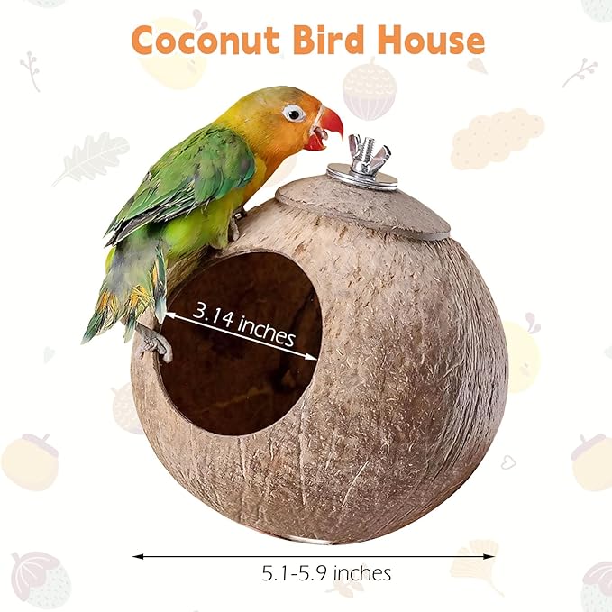 Coconut Bird Nest for Cage Natural Coconut Shell Birds House Parakeet Small Coconut Hide Breeding Hut Bird Cage Accessories for Parrot Lovebirds Budgies Cockatiel Conure Finch Canary