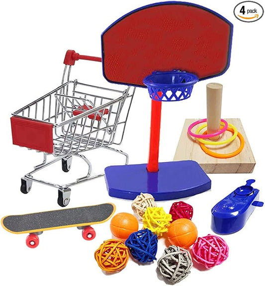 4Pcs Bird Training Intelligence Toys Set Included Training Basketball, Colorful Stacking Rings, Mini Skateboard and Shopping Cart Toy, Sepak Takraw for Parrots Budgies Cockatiel Parakeet #6