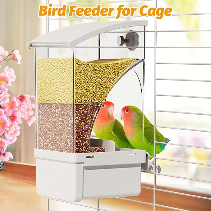 BNOSDM No Mess Bird Feeder Transparent Automatic Bird Cage Feeder with Perch Acrylic Parrot Food Container Parakeet Cage Accessories for Parakeets, Budgies, Cockatiel, Finch, Canary, Lovebird (White)