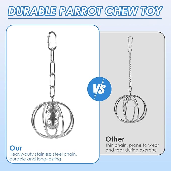 DBNESS Heavy-Duty Stainless Steel Bird Toy for Parrots, Durable Hollow Foraging Ball with Detachable Chain, Chew-Proof Parakeet Training Toys for Macaws, Amazons, Eclectus, African Greys, Cockatoos