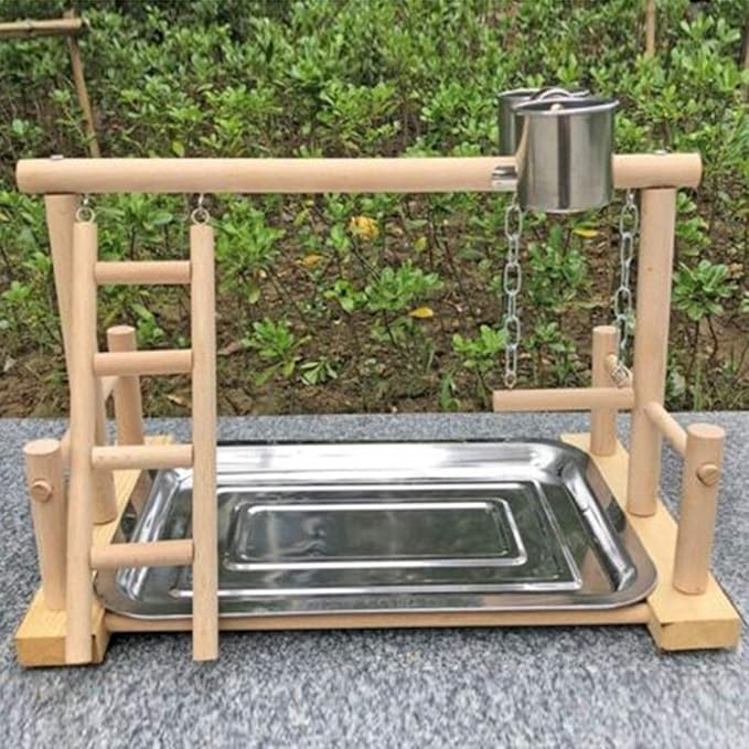 Perch Bird Play Stand Wood Playground with Feeder Cups, Hanging Swing, Ladders Small Animals Gym Tabletop Toys Exercise Play_AB