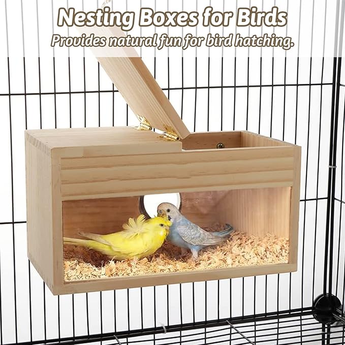 Fhiny Parakeet Nesting Box, Wooden Bird Breeding Box for Cage with Perch Transparent Acrylic Parakeet Nest for Lovebirds Budgies Conures Finches Small and Medium - Sized Birds (Medium)