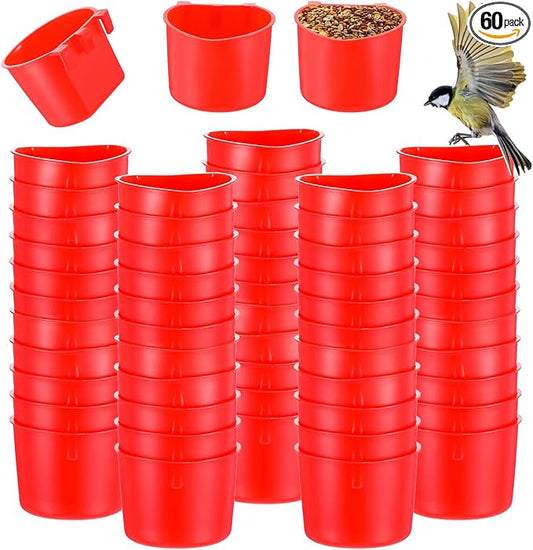60 Pieces Cage Cups Birds Hanging Feeders Seed Bowl 8 oz Plastic Chicken Feeder Water Bowl Hanging Chicken Waterer Feeding Watering Dish Coop Cups for Gamefowl Parrot Parakeet Poultry(Red)