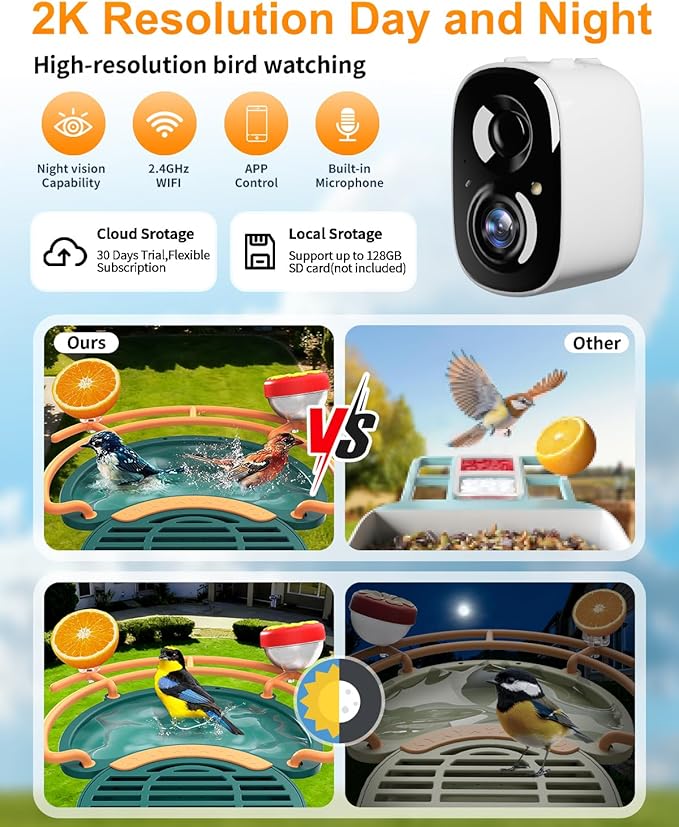 Bird Feeder with Camera, 2K HD Camera Birds Feeder with AI Bird Recognition, Solar Powered Smart Birdfeeder with Bath, App Control, Color Night Vision, Gift Box Package, Easy Install