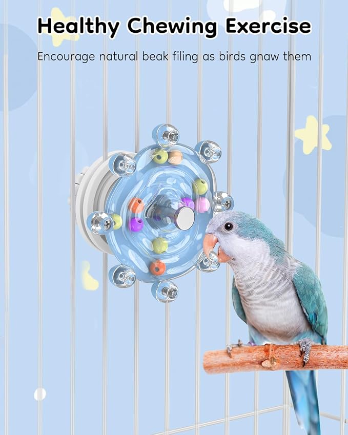 Pawfly Bird Toys for Parakeets, Colorful Spinning Wheel Chew Toy, Interactive Spinner Rattle Parrot Toys, Cockatiel Toy, Parakeet Toys, Bird Cage Accessories for Entertainment Chewing Exercise, Blue