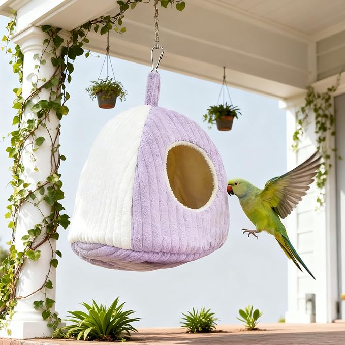 Bird Hanging Hammock Nest Parrot with Soft Plush Hanging Hammock & Hut Tent for Cage Winter Bird Hideaway Hut for Cockatiels Budgies Parakeets Lovebirds Conures Hamsters (Purple White L)