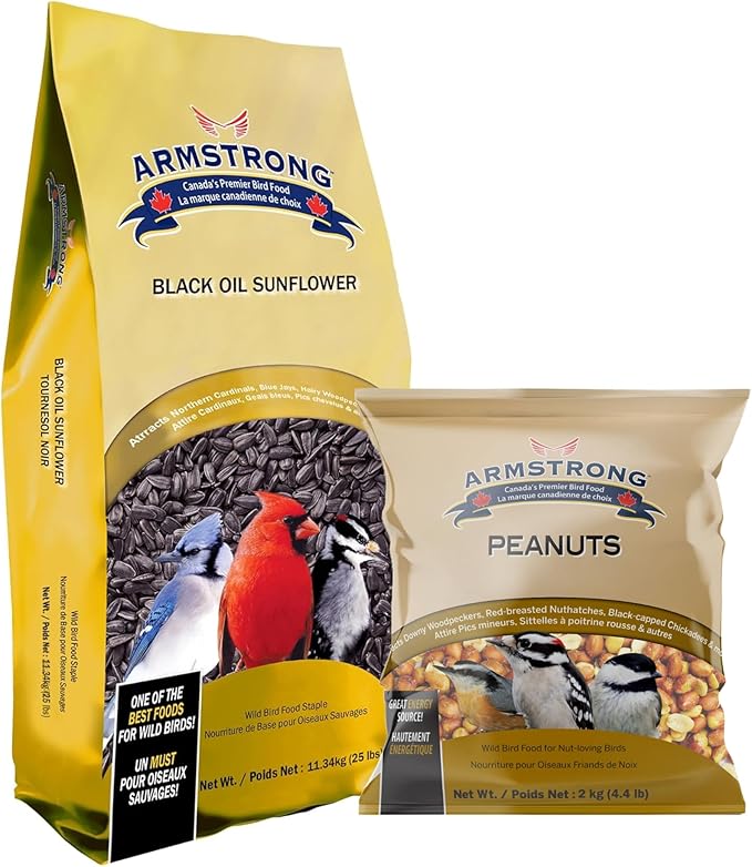 Armstrong Wild Bird Food Combo Pack - Black Oil Sunflower Seed, 25 Pounds and Peanut Halves, 4.4 Pounds - High Protein Source - Ideal for Outside Feeders