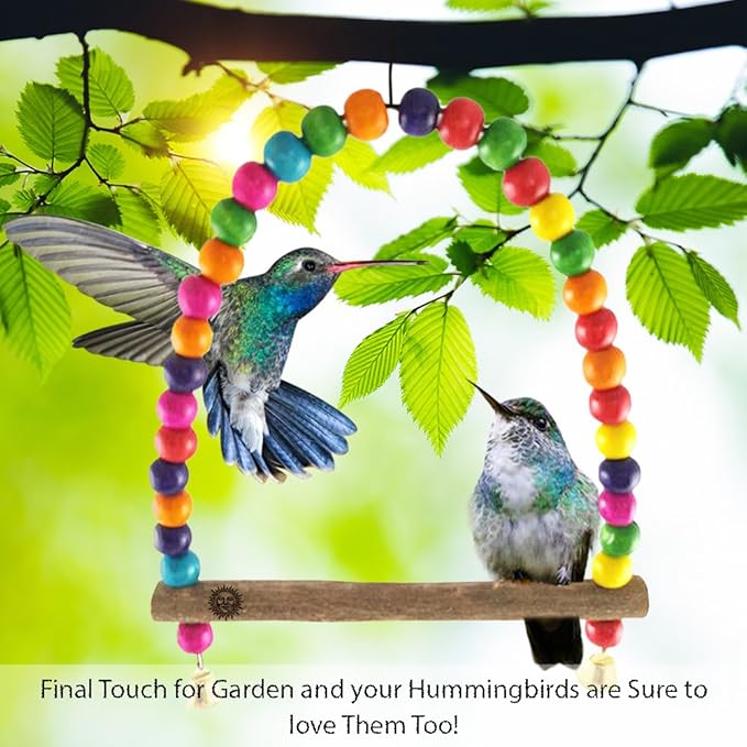 SunGrow Colorful Finch Swing Toy with Bells, Wooden Perch Stand for Canary, Lovebird & Budgie, 8.5x6 Inches, Sturdy Rocking Gym, Small Bird Cage Accessories to Balance, Exercise & Training