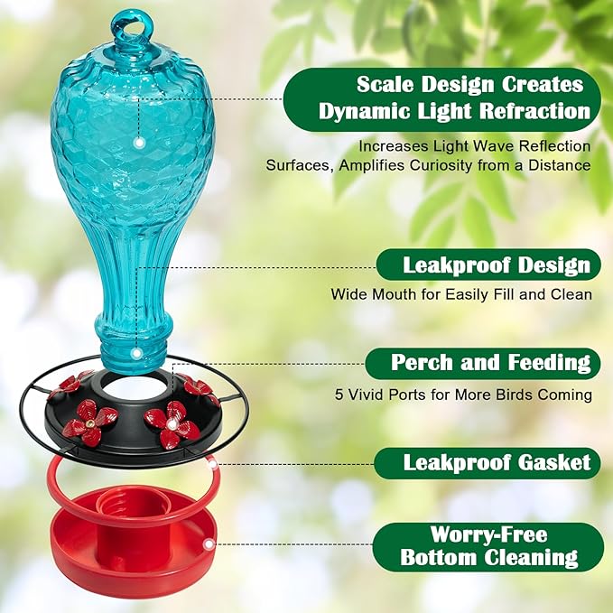 20 oz Hand-Blown Glass Hummingbird Feeder, Hanging Hot Air Balloon Design, Leak-Proof Silicone Seal, Ant-Proof, Outdoor Garden Decor Gift for Mom, Blue