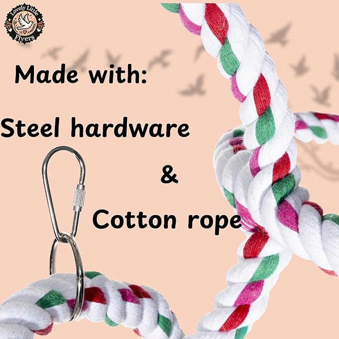 Double Hoop Bird Swing - Cotton Rope Hanging Perch Rings, Climbing Swing & Toy for Parrots, Budgies, Parakeets, Cockatiels, Conures - Large Bird Swing Toy & Cage Accessory