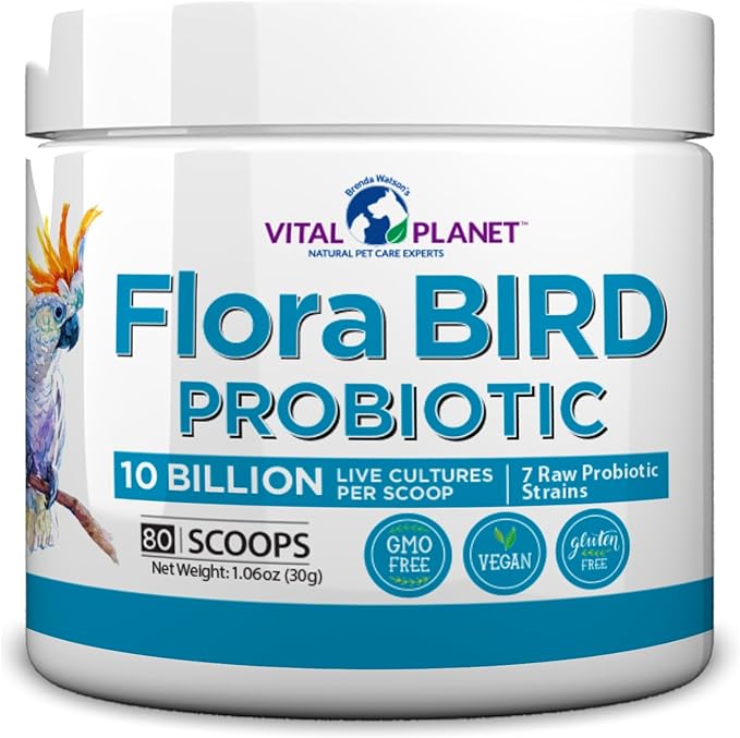 Vital Planet - Flora Bird Probiotic Powder Supplement with 10 Billion Cultures and 7 Diverse Strains, High Potency Probiotics for All Birds for Avian Digestive and Immune Support 80 Scoops 1.06 oz