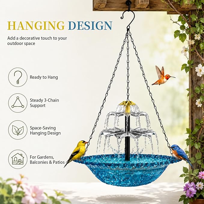 Solar Cascade Hanging Bird Bath Fountain, Large Plastic Bowl with Hanging Chain for Outside Garden Patio and Yard Decor (Blue)