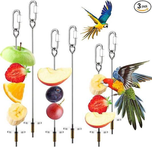 Weewooday 3 Pcs Bird Cage Food Holder Parrot Fruit Vegetable Skewer Stainless Steel Stick Feeder Bird Treats Skewer Parakeet Cockatoo Cockatiel Cage Treating Tool Small Animal Hanging Foraging Toys