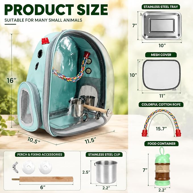 Rypet Bird Carrier Backpack Parrot Portable Breathable Bag Pet Bird Lightweight Travel Cage with Standing Perch and Stainless Steel Tray（Mint Green）