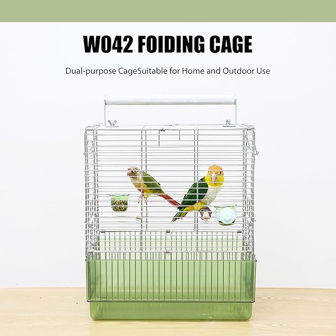 304 Stainless Steel Travel Bird Cage, 17 Inch Foldable Carrier for Conures Cockatiels Grey Parrots Caiques, with Aluminum Handle Perch (Green, Large Birdcage)