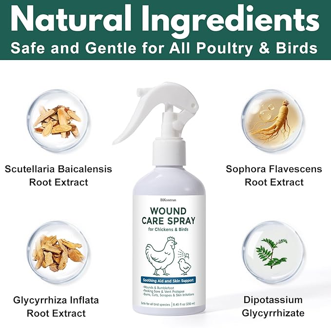 Wound Spray for Chickens and Birds, Poultry Care Spray for Pecking Sores, Bumblefoot, Vent Prolapse, Cuts, Burns & Skin Irritations, Safe for Egg-Laying Hens, Natural Herbal Formula, 8.45 Fl Oz