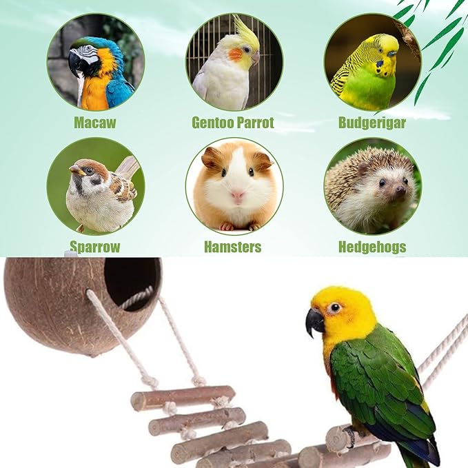Ladder Nest, Natural Coconut Bird House, Natural Coconut Fiber Shell Bird Nest for Parrot Parakeet Lovebird Finch Canary