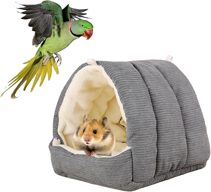 Winter Warm Bird Nest Bed, Plush Hanging Bird Bed for Cage, Plush Hut Tent, Hideaway Sleeping Nest for Budgies, Parakeets, Cockatiels, Conures (Dark Grey, S)