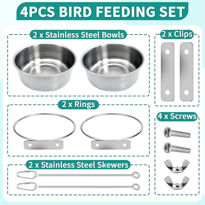 2 Pcs Bird Feeder Bowls with 2 Pcs Food Holder for Cage, Parrot Food Water Bowls and Fruit Skewer Foraging Toy, Stainless Steel Bird Feeding Dish Cups for Small Animals (Silvery, 4 Pcs)