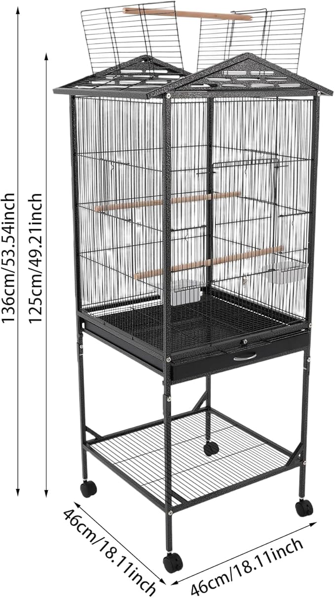 Extra Large Bird Cage 54Inch Wrought Iron Bird Cage with Rolling Stand Metal Parrot Cage with Open Play Top Perch Stand for Conures Lovebirds Cockatiels Finches (Black)