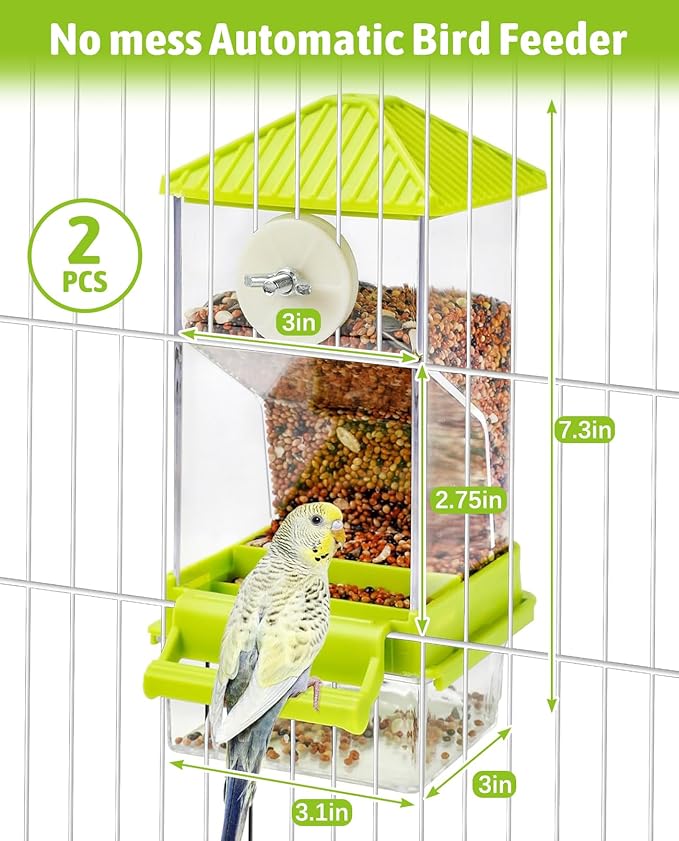 Hamiledyi 2 Pcs Automatic Bird Feeder No Mess Bird Cage Feeder Seed Food Container with Perch Transparent Parrot Cage Accessories for Parakeets, Budgies, Cockatoos, Finches, Lovebirds (Green)