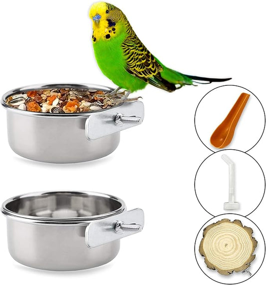 2pcs Bird Cage Feeder Stainless Steel, 10 * 5cm Bird Water & Food Bowl, Durable Bird Cage Accessories, Includes Round Wooden Perch, Bird Feeder Spoon & Water Spout, for Parrots & Small Birds