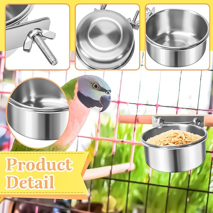3 Pack Bird Feeding Bowls Cups Parrot Food Water Dishes, Stainless Steel Bird Bowl Cup Dish with Clamp, Birdcage Feeder Pet Cage Bowls for Parrot Cockatiel Budgie Conure Parakeet Small Animal