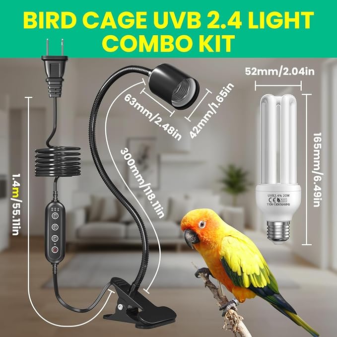 GlowUp Bird Light for Cage with Timer, Clip Lamp with UVB 2.4 Fluorescent Light Bulb E26, Bird Cage UVB Light Combo Kit 360°Rotatable for Captive Birds, Reptiles