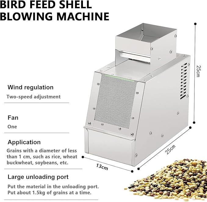 Cereals Blown Shell Splitter, Bird Feed Grain Thrower Wind Sheller, Bird Food Blowing Screening Grain Cleaning Winnower Machine, 2 Gear Adjustable Speed Fan, 60-80 kg/Hour Small