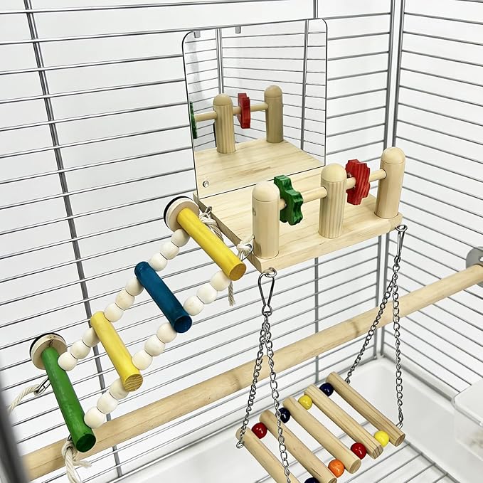 Bird Toys with Bird Mirror Climbing Ladder Swing Wooden Play Gym - Parakeet Toys & Cage Accessories for Cockatiels, Lovebirds, Budgies, Finch, Canaries