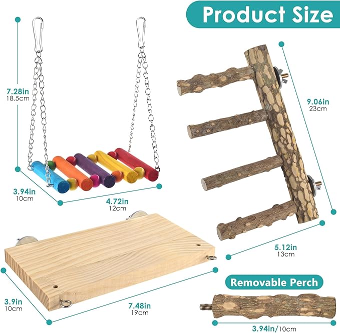 DBNESS 3in1 Bird Perch Toys for Parrots, Wooden Ladder Perch for Cage, Parrot Platform Stand Colourful Swing Hammock Climbing Bridge Exercise Cage Accessories for Budgies Cockatiels Lovebirds Hamster